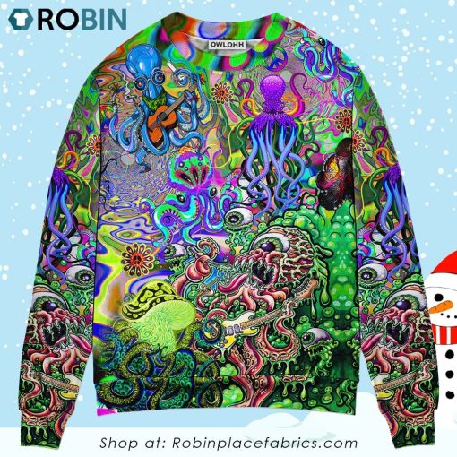 Hippie Funny Octopus Love Music Colorful Ocean Ugly Christmas Sweater