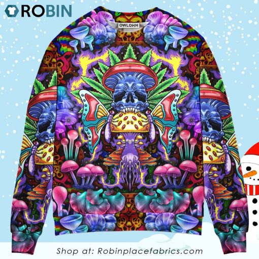 Hippie Mushroom And Skull Art Ugly Christmas Sweater