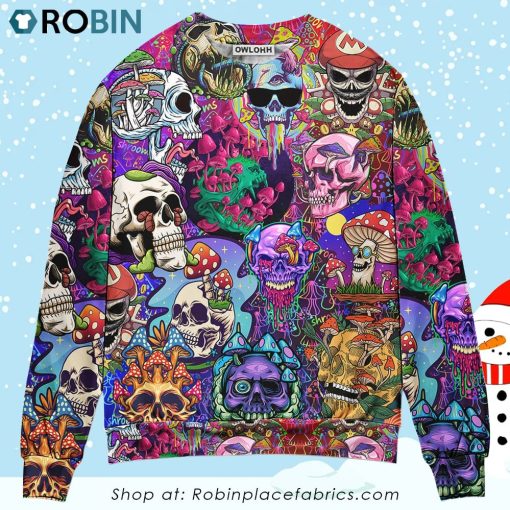 Hippie Mushroom And Skull Colorful Art Ugly Christmas Sweater