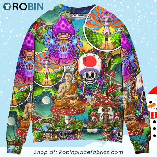 Hippie Mushroom Peace Colorful Let It Be Ugly Christmas Sweater