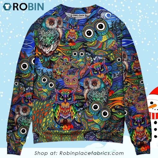 Hippie Owls Peace Life Mix Color Sweater Ugly Christmas Sweater