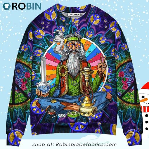 Hippie Peace Sign Old Man Smoking Weed Ugly Christmas Sweater