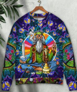 Hippie Peace Sign Old Man Smoking Weed Ugly Christmas Sweater
