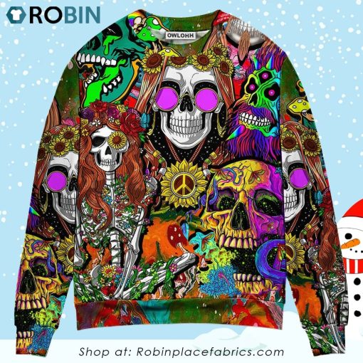 Hippie Skull Colorful Cool Style Christmas Ugly Sweater, Sweatshirt