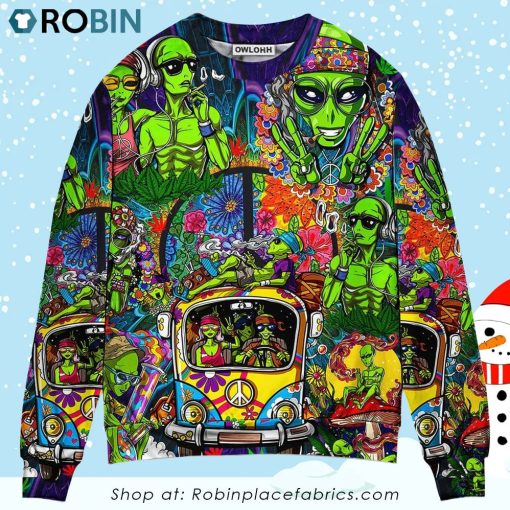 Hippie Space Alien Smoking Weed Christmas Ugly Sweater, Sweatshirt