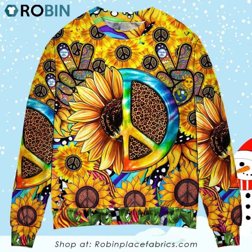 Hippie Sunflowers Peace Sign Style Ugly Christmas Sweater