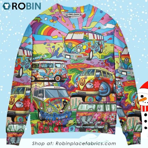 Hippie Van Colorful Art Peace Christmas Ugly Sweater, Sweatshirt