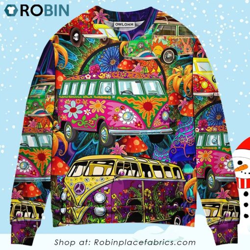 Hippie Van Colorful Vans On The Way Christmas Ugly Sweater, Sweatshirt