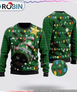 Ho Ho Ho Black Cat Christmas Tree Ugly Sweater Cat Lover Christmas Sweater