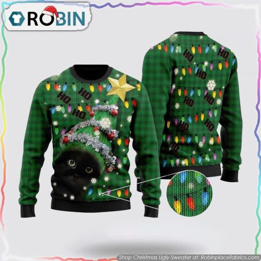 Ho Ho Ho Black Cat Christmas Tree Ugly Sweater Cat Lover Christmas Sweater