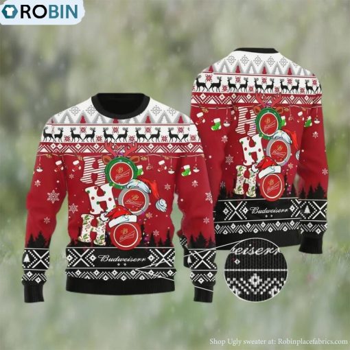Hohoho Budweiser Beer Ugly Christmas Sweater, Gifts For Beer Lovers