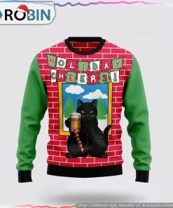 Holiday Cheer Black Cat Beer Christmas Ugly Christmas Sweater Cat Lover Christmas Sweater
