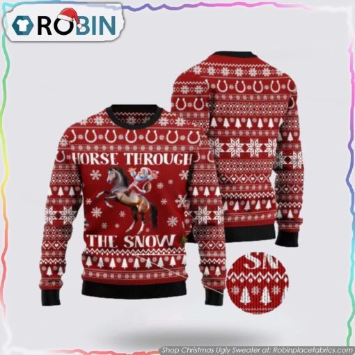 Horse Christmas Ugly Sweater Santa Claus Horse Through The Snow Red White Sweater