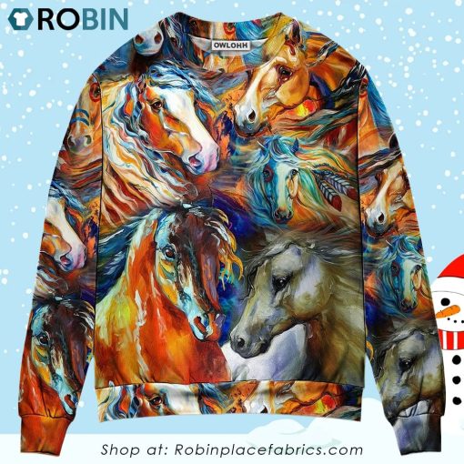 Horse Face Colorful Cool Art Style Christmas Ugly Sweater, Sweatshirt