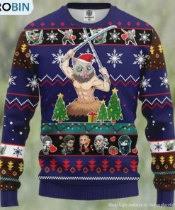 Inosuke Hashibira blue Demon Slayer Chibi Demon Slayer Ugly Christmas Sweater Inosuke Hashibira blue Demon Slayer Chibi Demon Slayer Ugly Christmas Sweater
