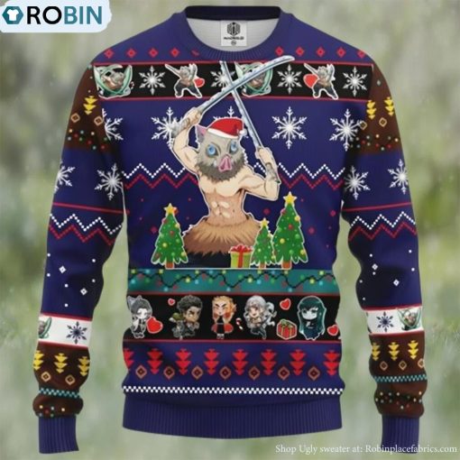 Inosuke Hashibira blue Demon Slayer Chibi Demon Slayer Ugly Christmas Sweater