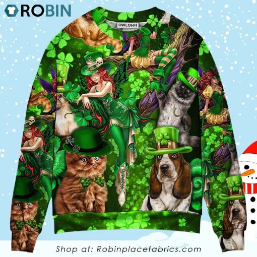 Irish Cat Girl St Patrick’s Day Green Light Ugly Christmas Sweater