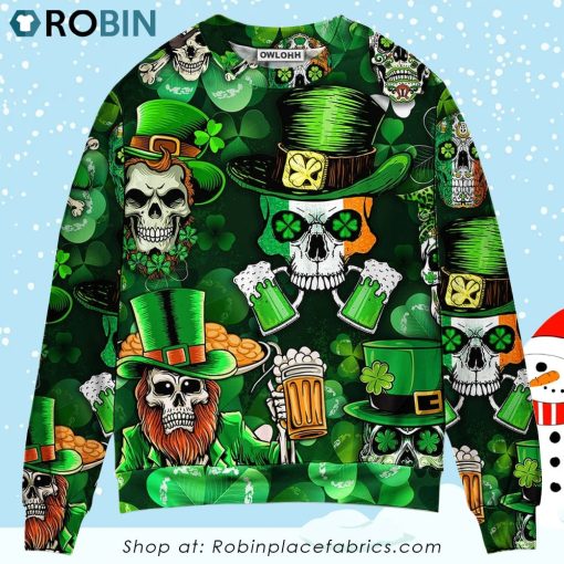 Irish Skull St Patrick’s Day Green Light Christmas Ugly Sweater, Sweatshirt