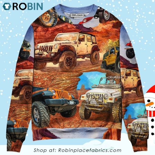 Jeep In The Desert Vintage Art Style Christmas Ugly Sweater, Sweatshirt