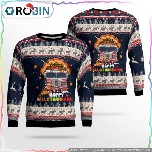 Jersey City Fire Dept Happy Hallothanksmas Christmas Ugly Sweater Christmas Gifts For Firefighters