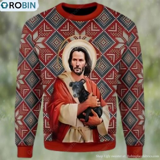 Jesus Keanu Reeves With Dog Ugly Christmas Sweater,