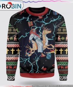 Jesus Riding Reindeer Black Christmas Ugly Christmas Sweater Gifts For Christians
