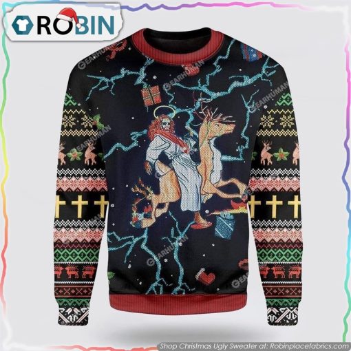 Jesus Riding Reindeer Black Christmas Ugly Christmas Sweater Gifts For Christians