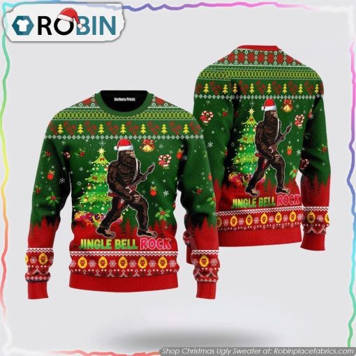 Jingle Bell Rock Bigfoot Guitar Christmas Ugly Sweater Gifts For Bigfoot Lovers