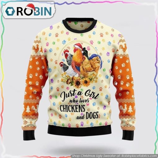 Just A Girl Who Loves Chickens And Dogs Ugly Christmas Sweater Dog Lover Christmas Sweater