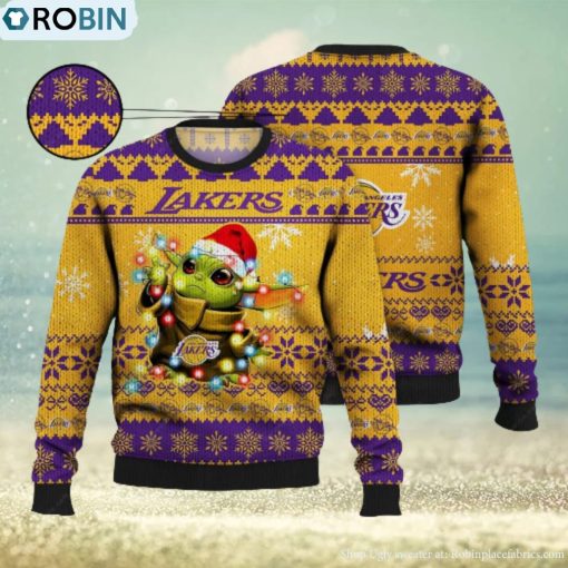 Lakers Ugly Sweater Baby Yoda Star Wars 3D Ugly Christmas Sweater Presents Christmas For Men And Women