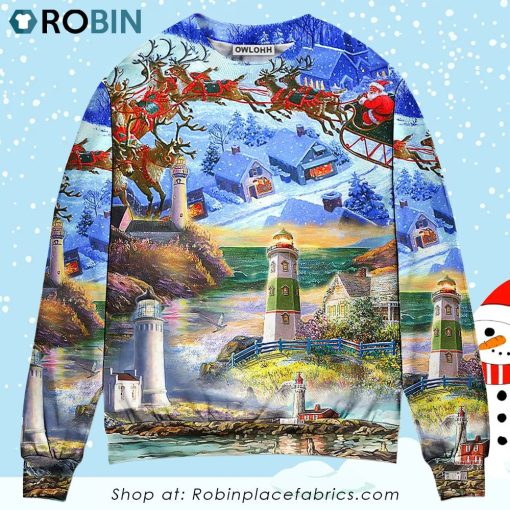 Lighthouse Christmas Santa Through The Storm Christmas Ugly Sweater, Sweatshirt