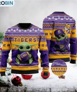 LSU Tigers Grogu Baby Yoda Hug Logo Ugly Christmas Sweater