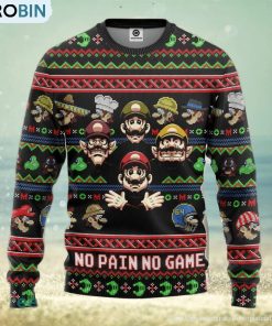 mario-no-pain-no-game-ugly-christmas-sweater-gift-for-men-women-1