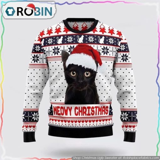 Meowy Black Cat Christmas White Sweater Cat Lover Christmas Sweater