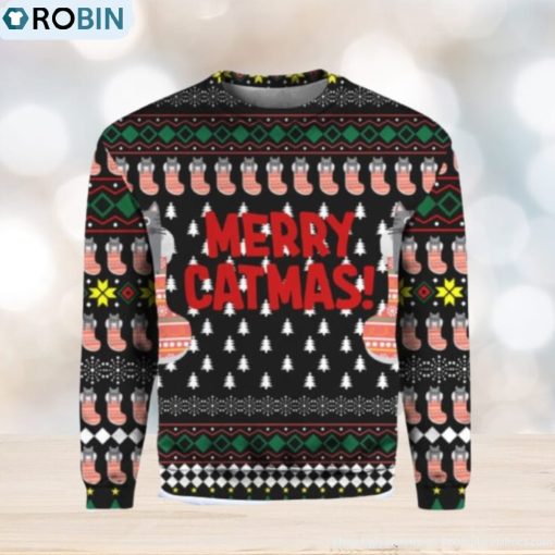 Merry Catmas Funny All Over Print 3D Hoodie, T Shirt, Christmas Sweater