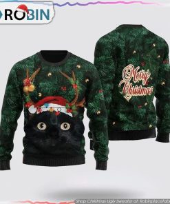 Merry Christmas Black Cat In Pine Tree Christmas Sweater Cat Lover Christmas Sweater
