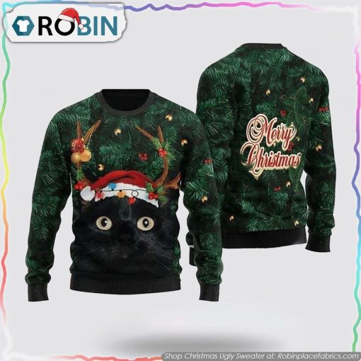 Merry Christmas Black Cat In Pine Tree Christmas Sweater Cat Lover Christmas Sweater