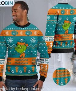 Miami Dolphins American NFL Football Team Logo Cute Grinch 3D Men And Women Ugly Sweater