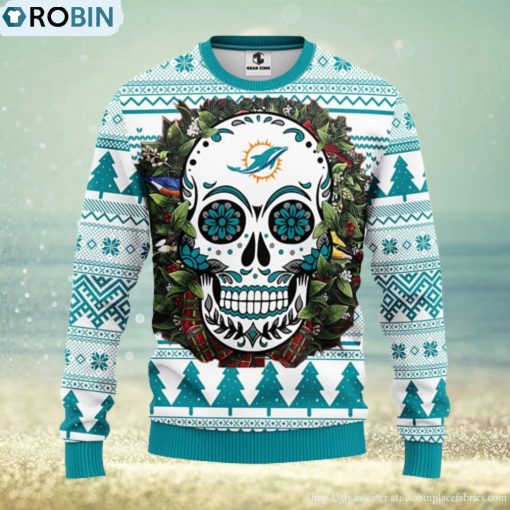 Miami Dolphins Skull Flower Ugly Christmas Ugly Sweater