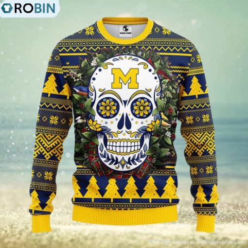 Michigan Wolverines Skull Flower Ugly Christmas Ugly Sweater