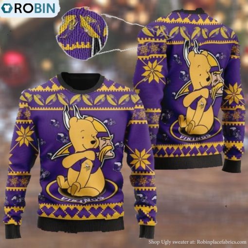 Minnesota Vikings NFL American Football Team Logo Cute Winnie The Pooh Bear 3D Ugly Christmas Sweater