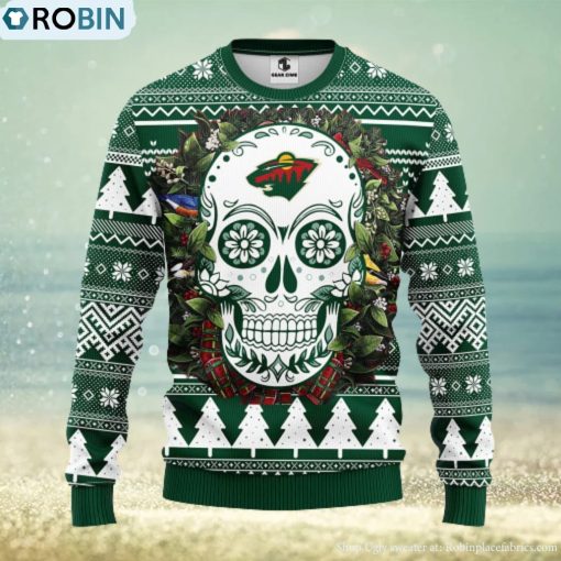 Minnesota Wild Skull Flower Ugly Christmas Ugly Sweater
