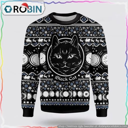 Moon Phase Cute Cat Christmas Wicca Ugly Christmas Sweater Cat Lover Christmas Sweater