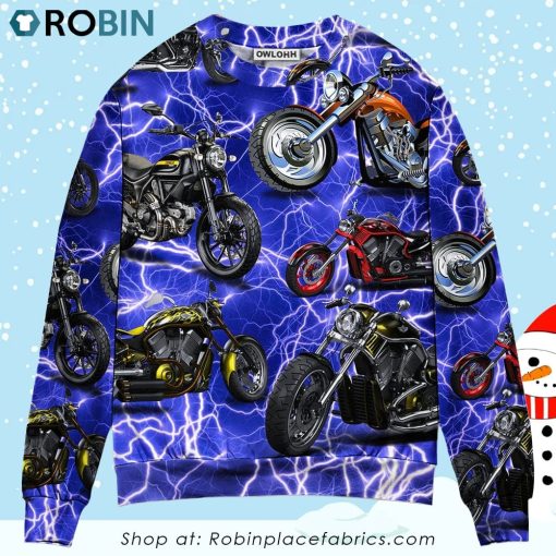 Motorcycle Lover Lightning Blue Cool Style Christmas Ugly Sweater, Sweatshirt
