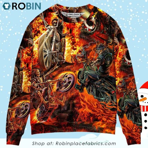 Motorcycle Lover Skull Fire Burning Art Style Christmas Ugly Sweater, Sweatshirt