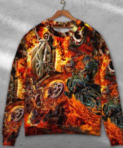 Motorcycle Lover Skull Fire Burning Art Style Christmas Ugly Sweater, Sweatshirt