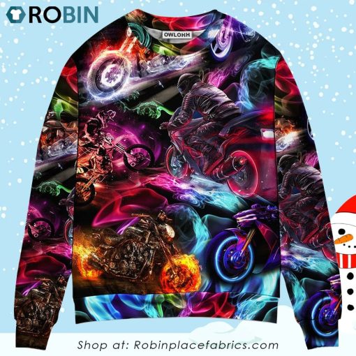 Motorcycle Racing Neon Light Colorful Christmas Ugly Sweater, Sweatshirt