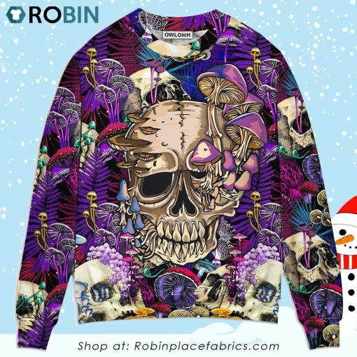 Mushroom Crazy Bright Magic Psychedelic Skull Christmas Ugly Sweater, Sweatshirt