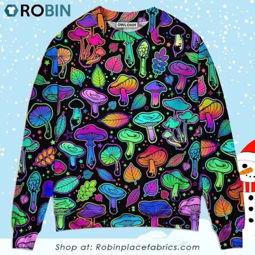 Mushroom Neon Colorful Bright With Leaf Christmas Ugly Sweater, Sweatshirt