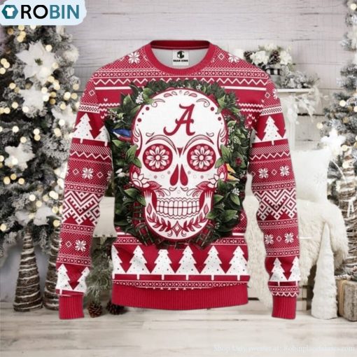 Ncaa Alabama Crimson Tide Skull Flower Ugly Christmas Sweater, All Over Print Sweatshirt